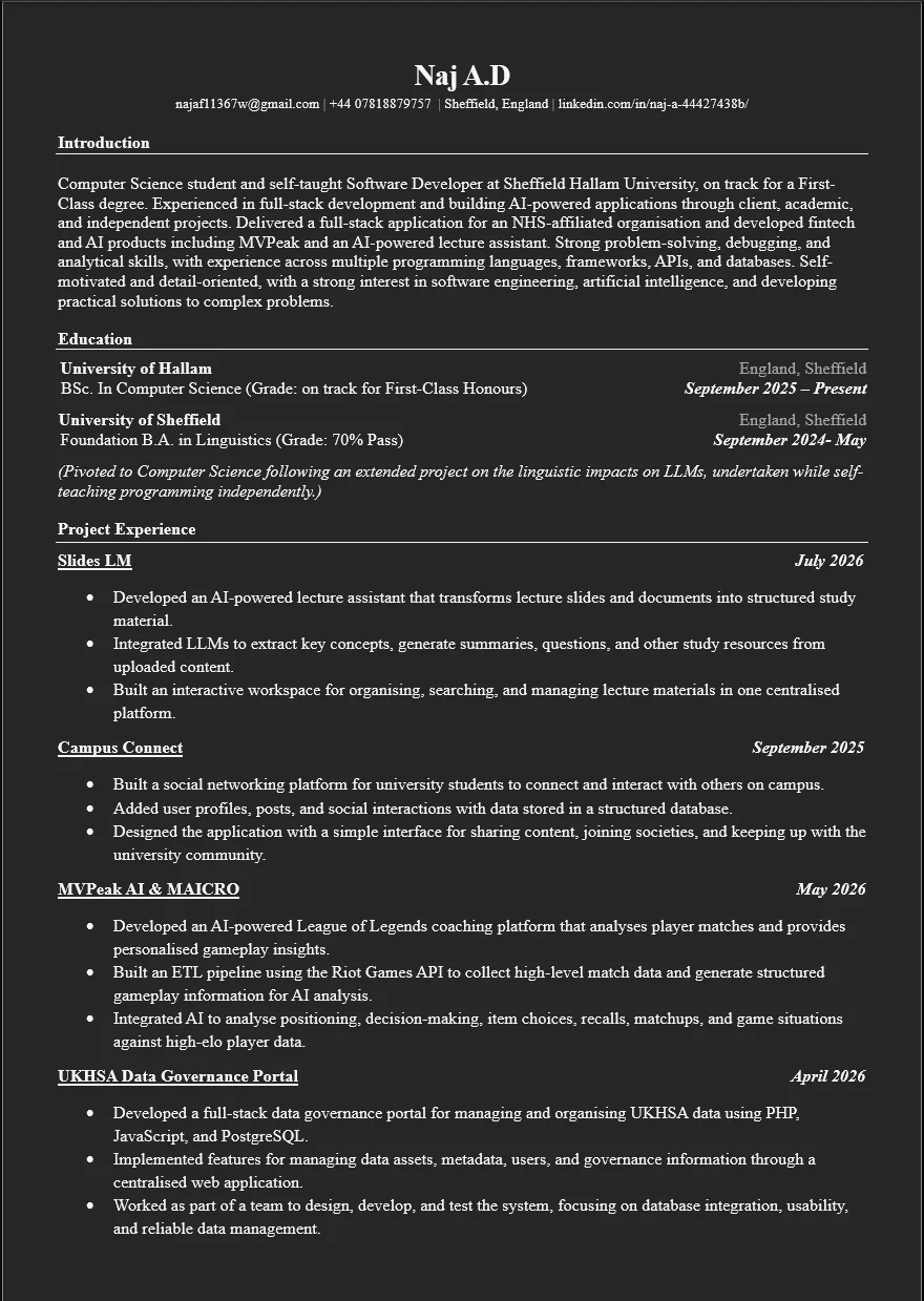 Naj A.D resume — page 1: introduction, education, and project experience