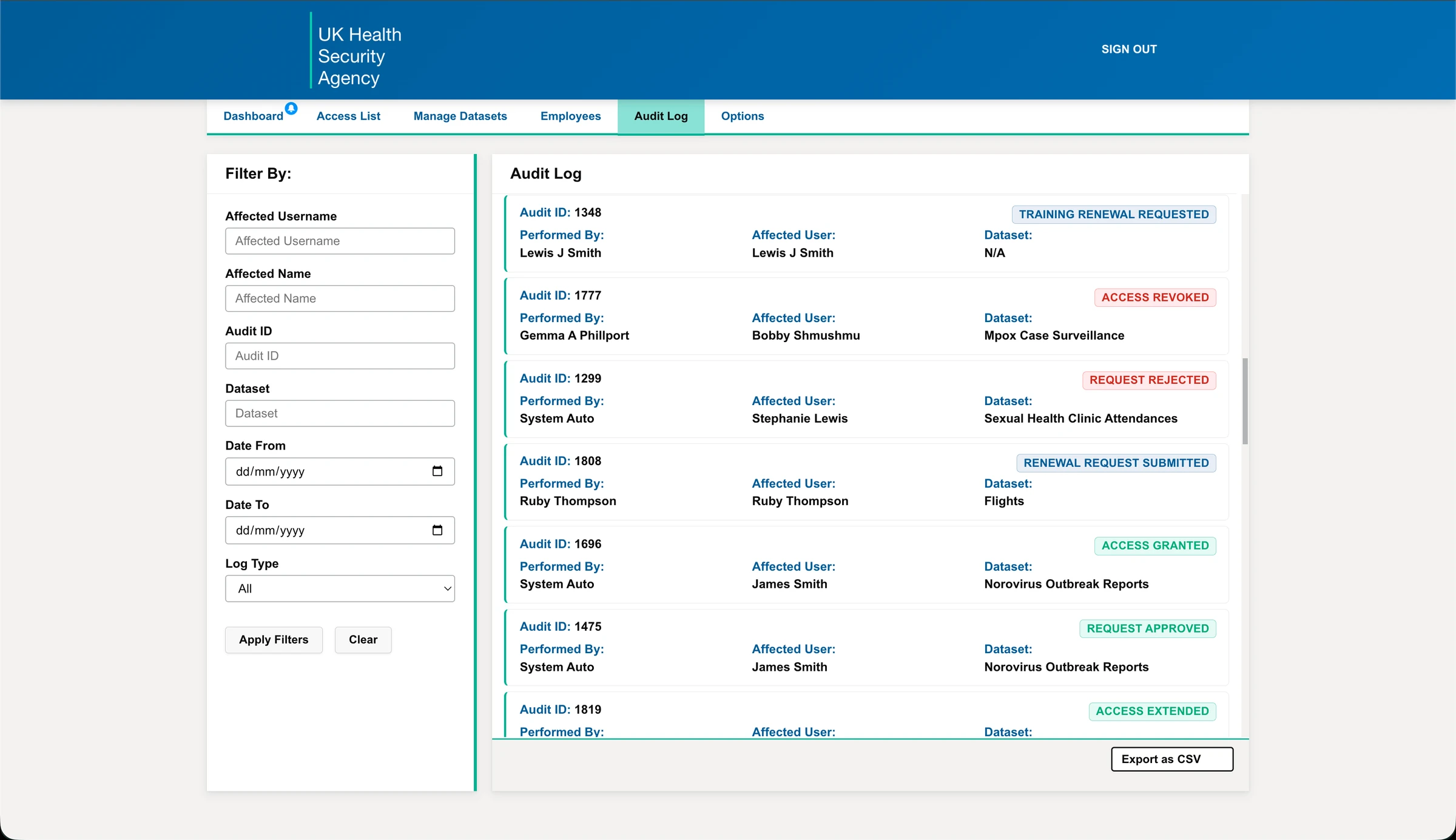 Audit log listing access grants, revocations, and approvals with filters by user, dataset, and date