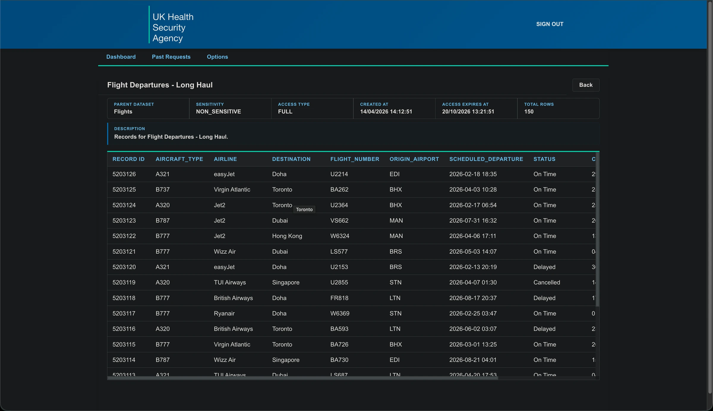 Flight Departures dataset table with a destination cell tooltip open