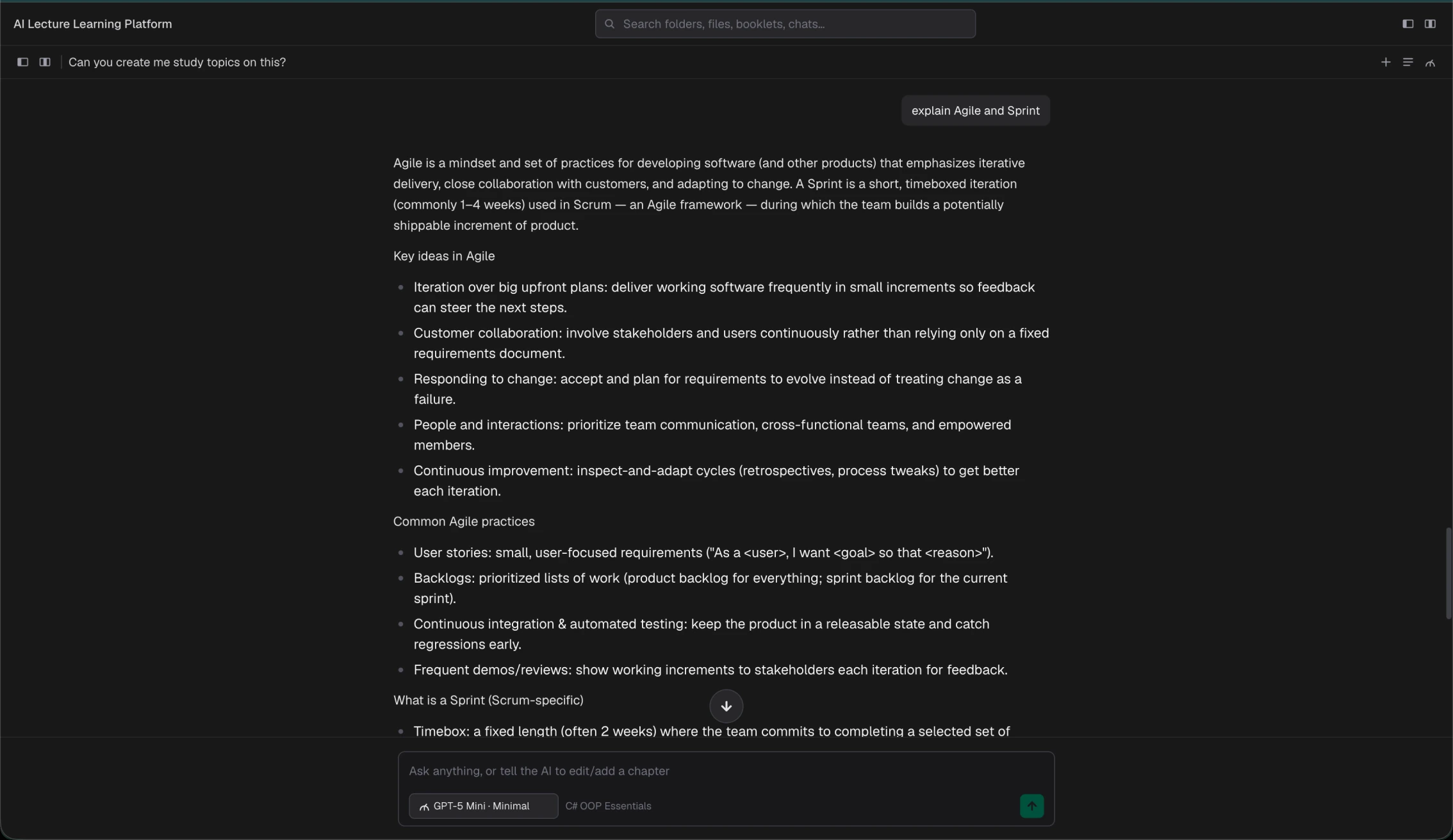 AI chat explaining a concept from the uploaded material in full width