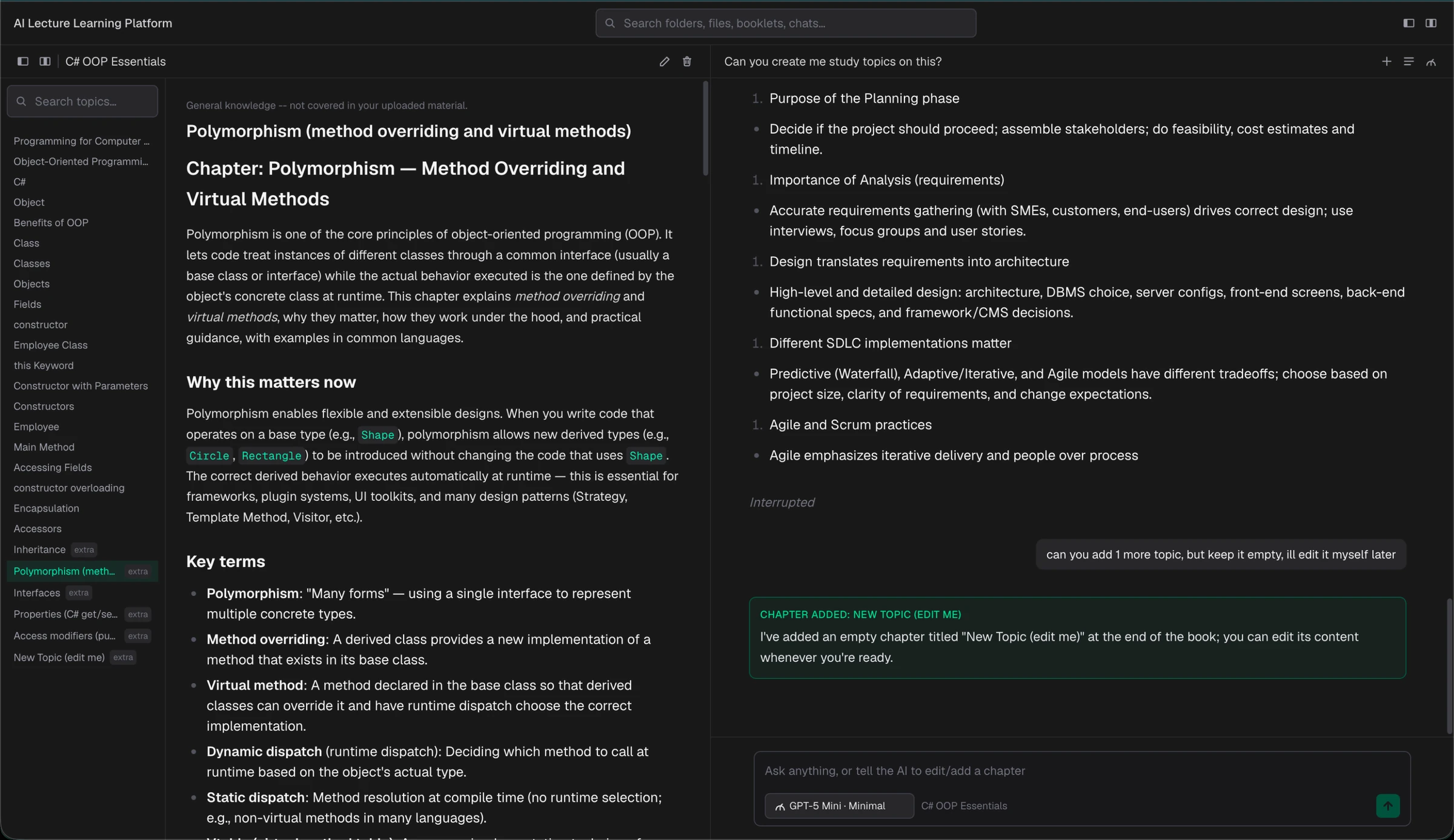 Generated study booklet with chapter list, AI-written chapter content, and the chat panel side by side