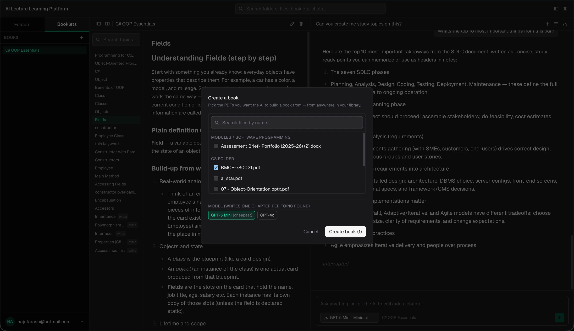 Create a book modal for generating a structured study booklet from selected PDFs