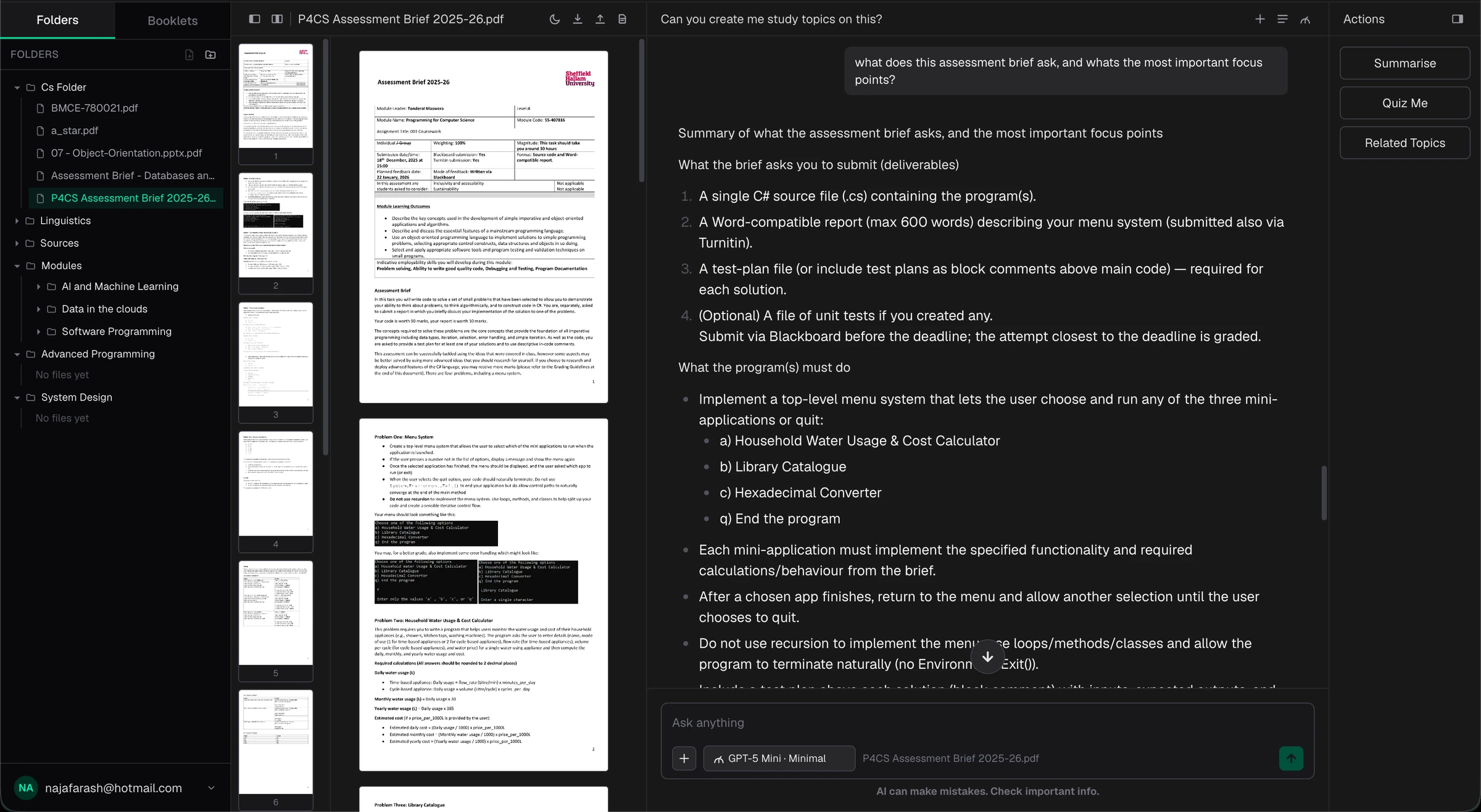 Folder navigation next to an AI-generated summary of an assessment brief, with Summarise, Quiz Me, and Related Topics actions