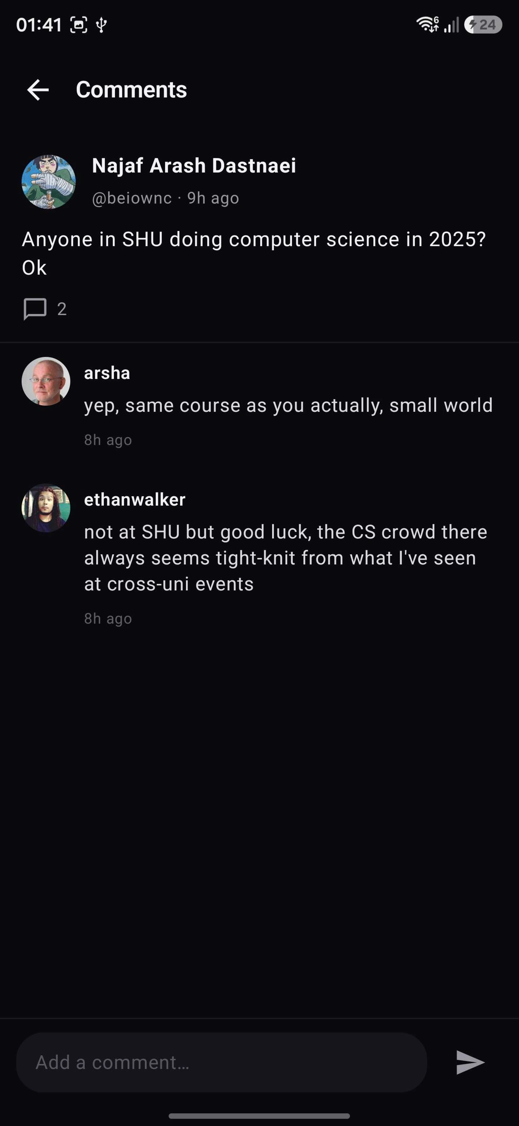 Comment thread on a Computer Science project post at Sheffield Hallam University