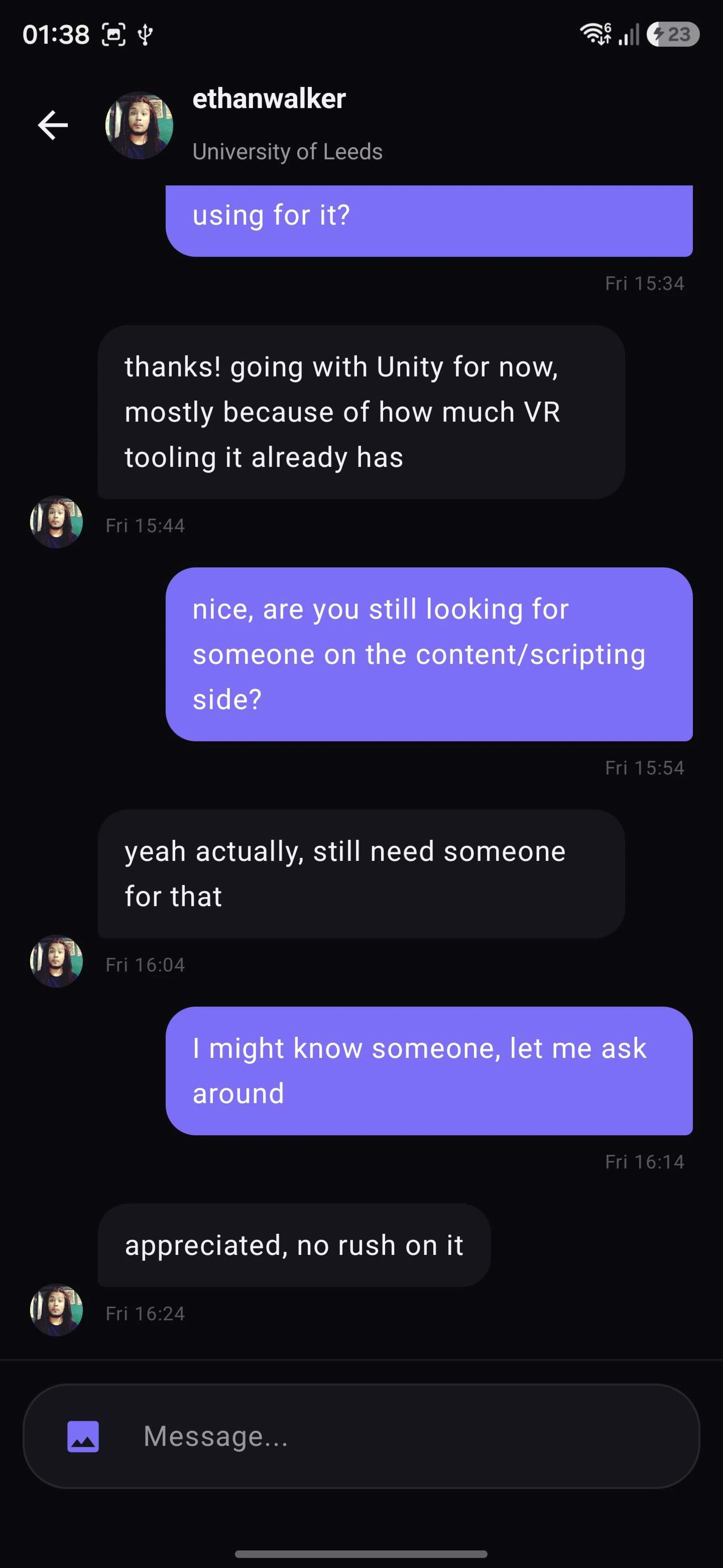 Direct message conversation between students at different universities collaborating on a Unity VR project