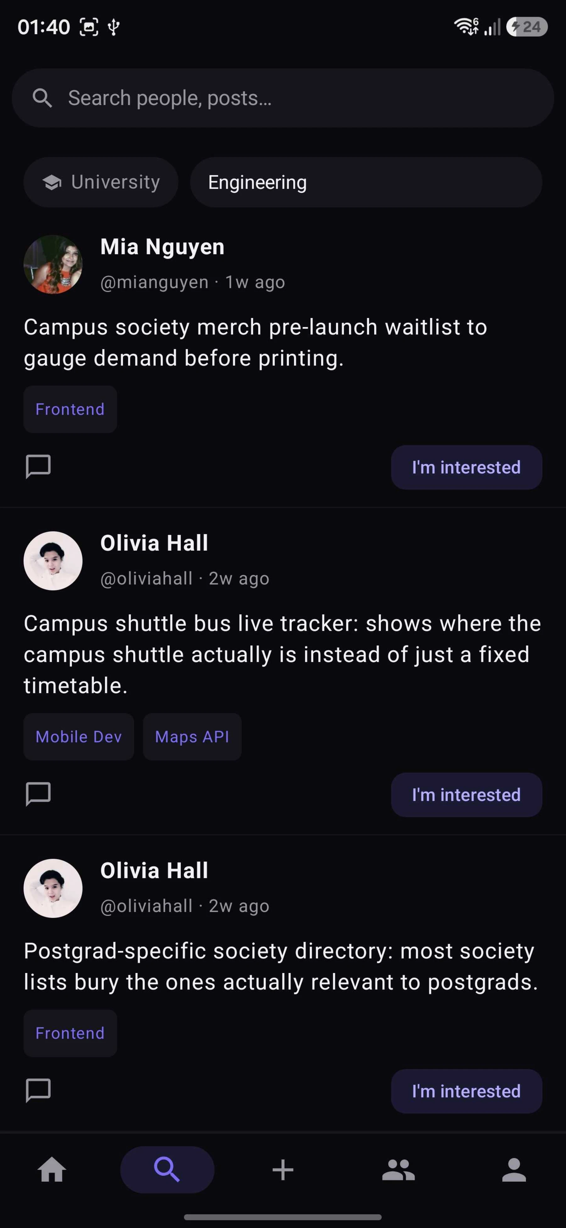 Feed filtered by University and Engineering, showing project-idea posts with an I'm interested button