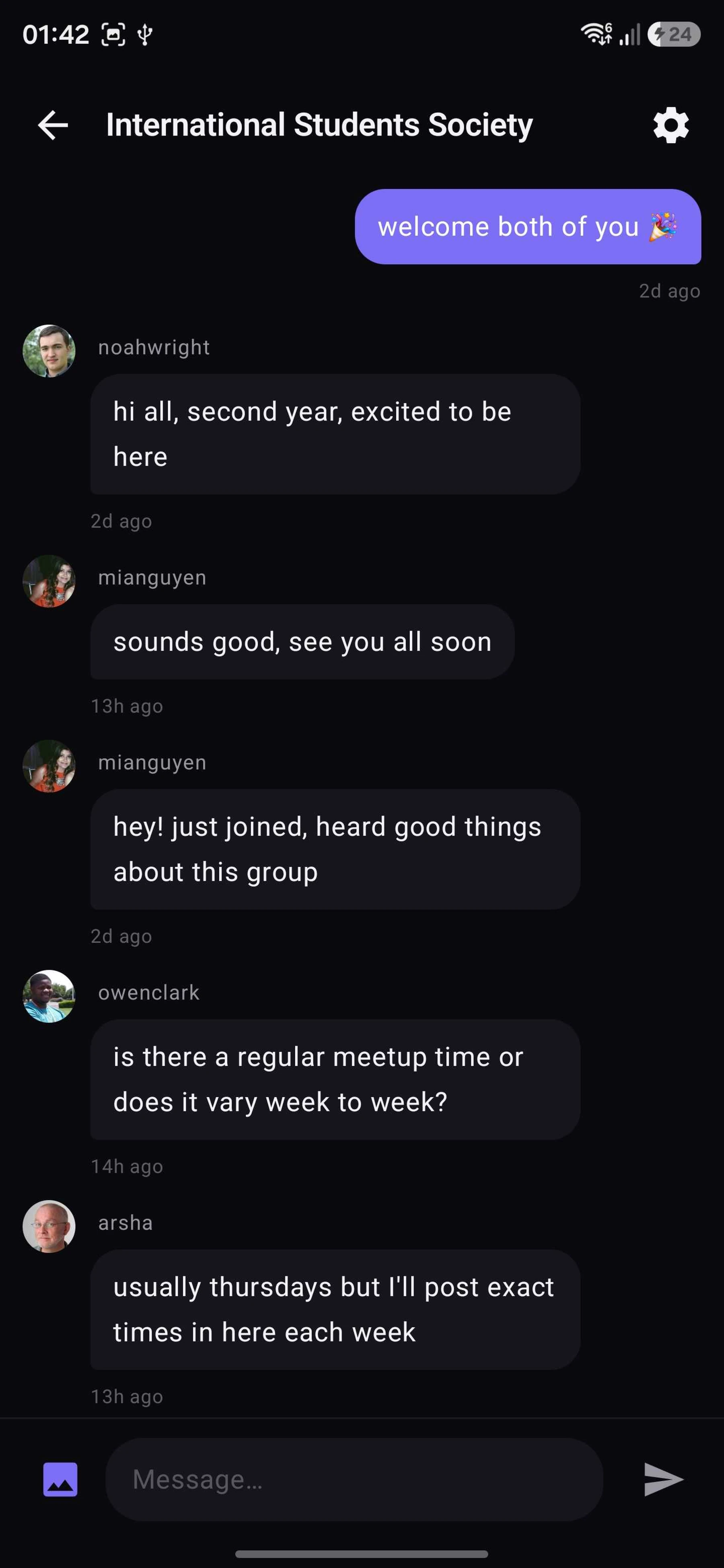 Group chat for the International Students Society