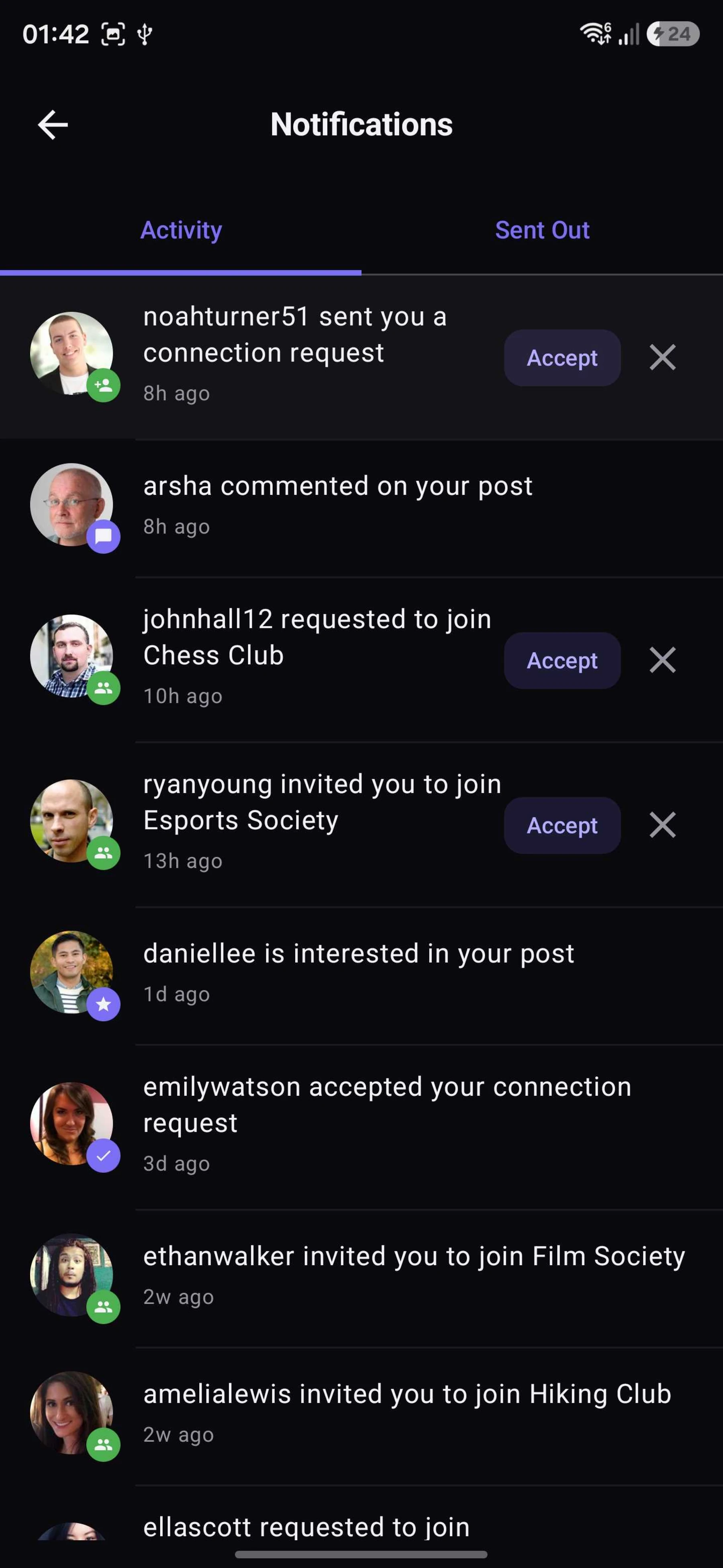 Notifications screen showing accepted interests, invites, and replies across Activity and Sent Out tabs