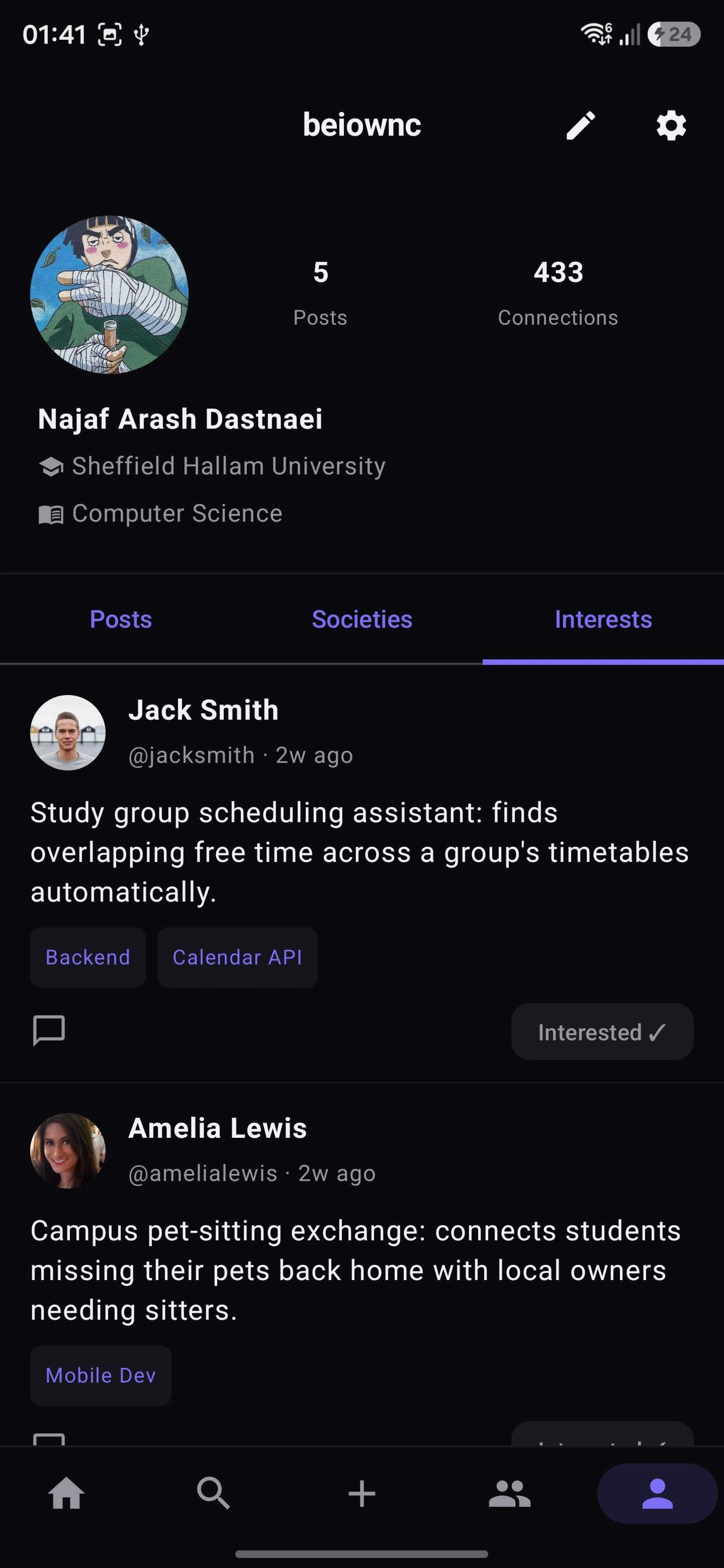 Profile Interests tab listing project ideas a student has posted or backed, tagged by tech stack