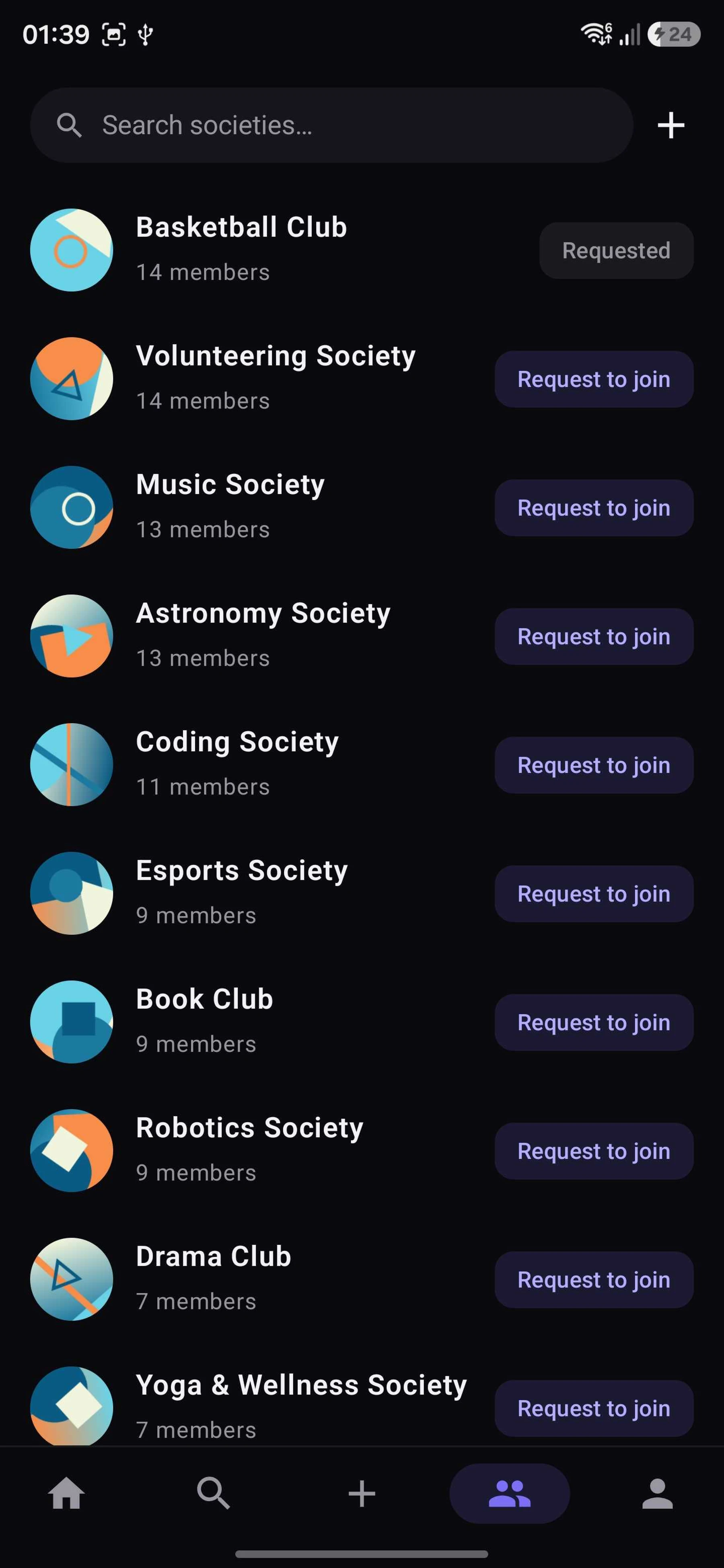 Societies browse list with member counts and join request buttons