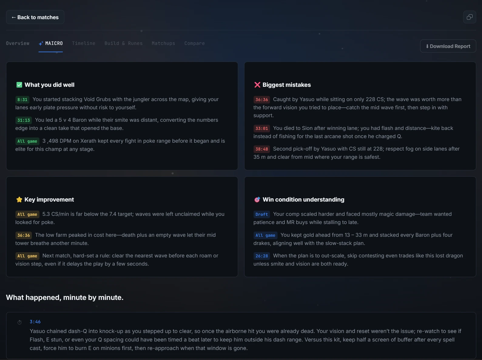AI coaching tab breaking a match down into what you did well, biggest mistakes, key improvement, and win-condition understanding