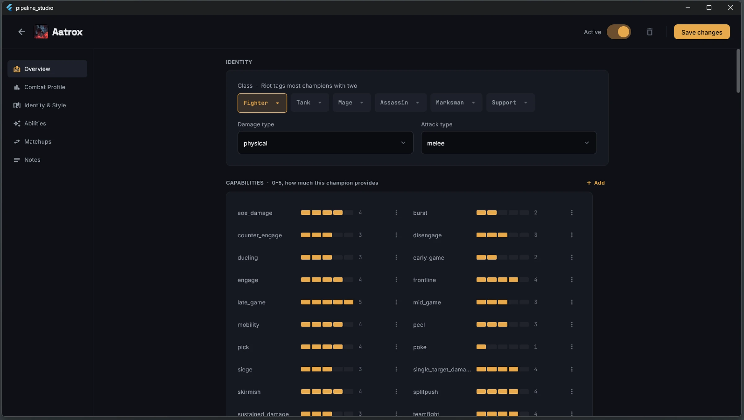 Champion data editor scoring Aatrox's capabilities and needs on a 0-5 scale