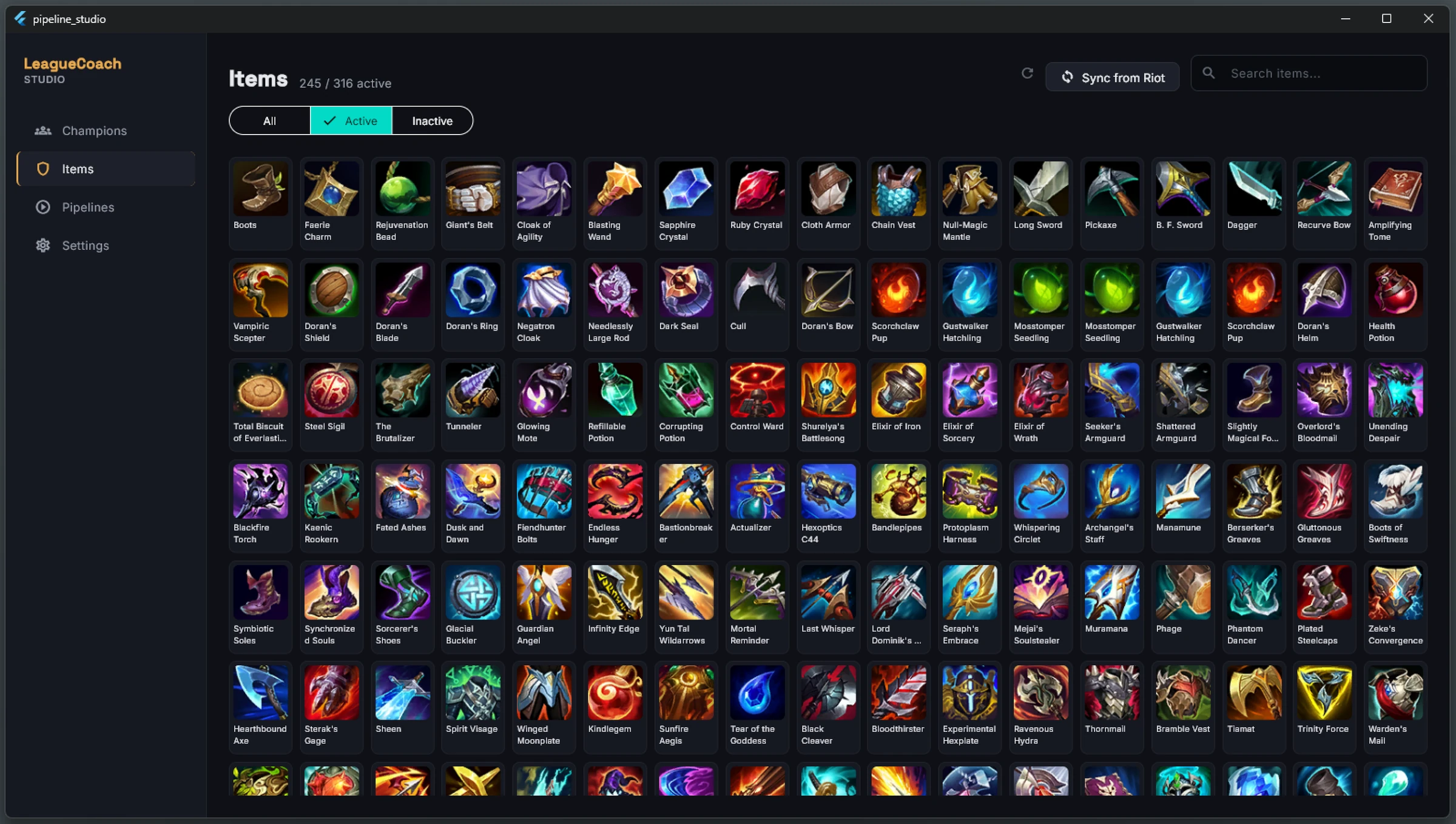 LeagueCoach Studio items library synced live from Riot's API, powering the data the coaching engine reasons over