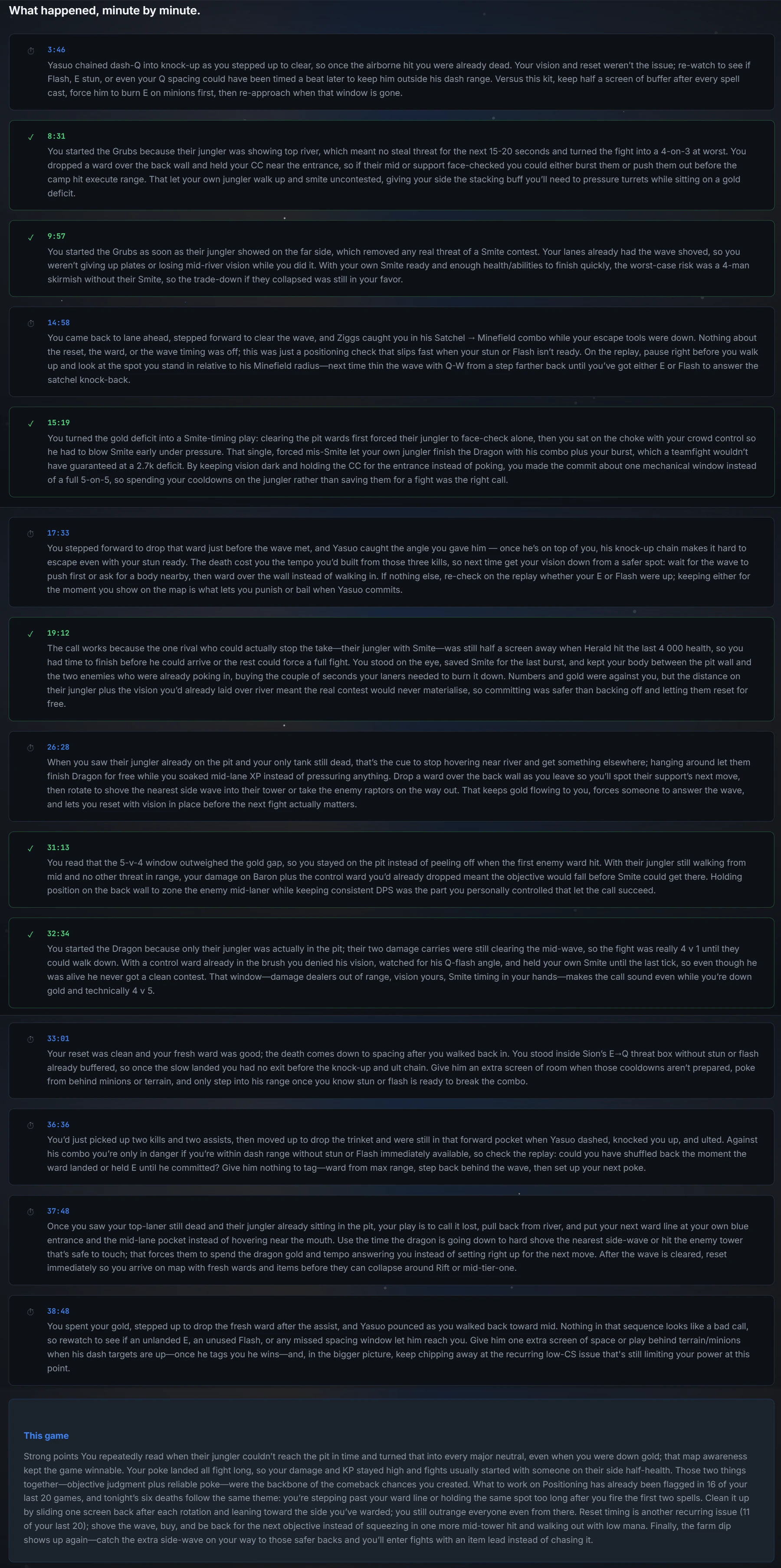 Minute-by-minute timeline of coaching feedback tied to specific in-game timestamps