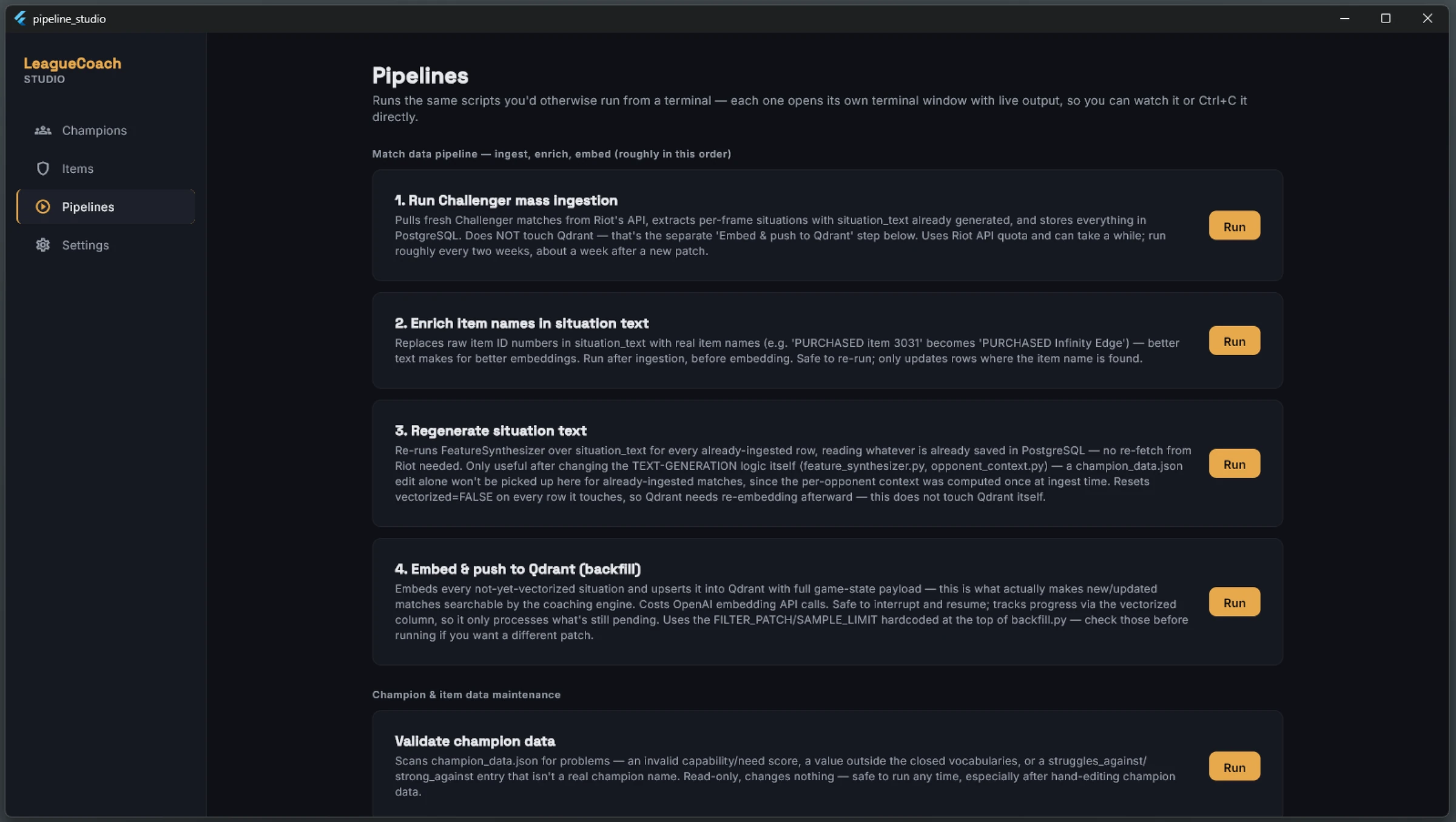 LeagueCoach Studio pipeline runner — Challenger match ingestion, item-name enrichment, situation-text generation, and Qdrant embedding steps
