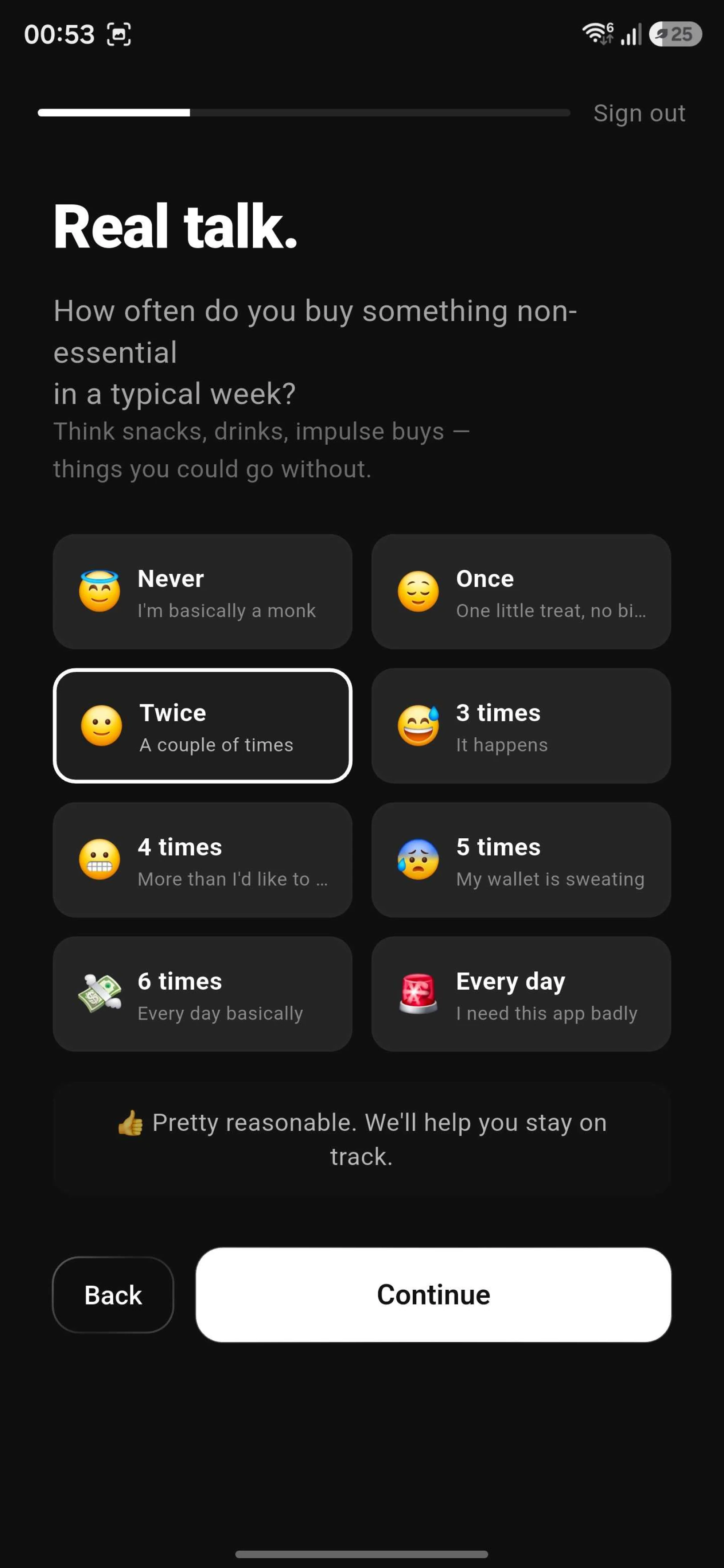 Onboarding survey asking how often the user buys non-essentials in a typical week, with playful emoji-led answers