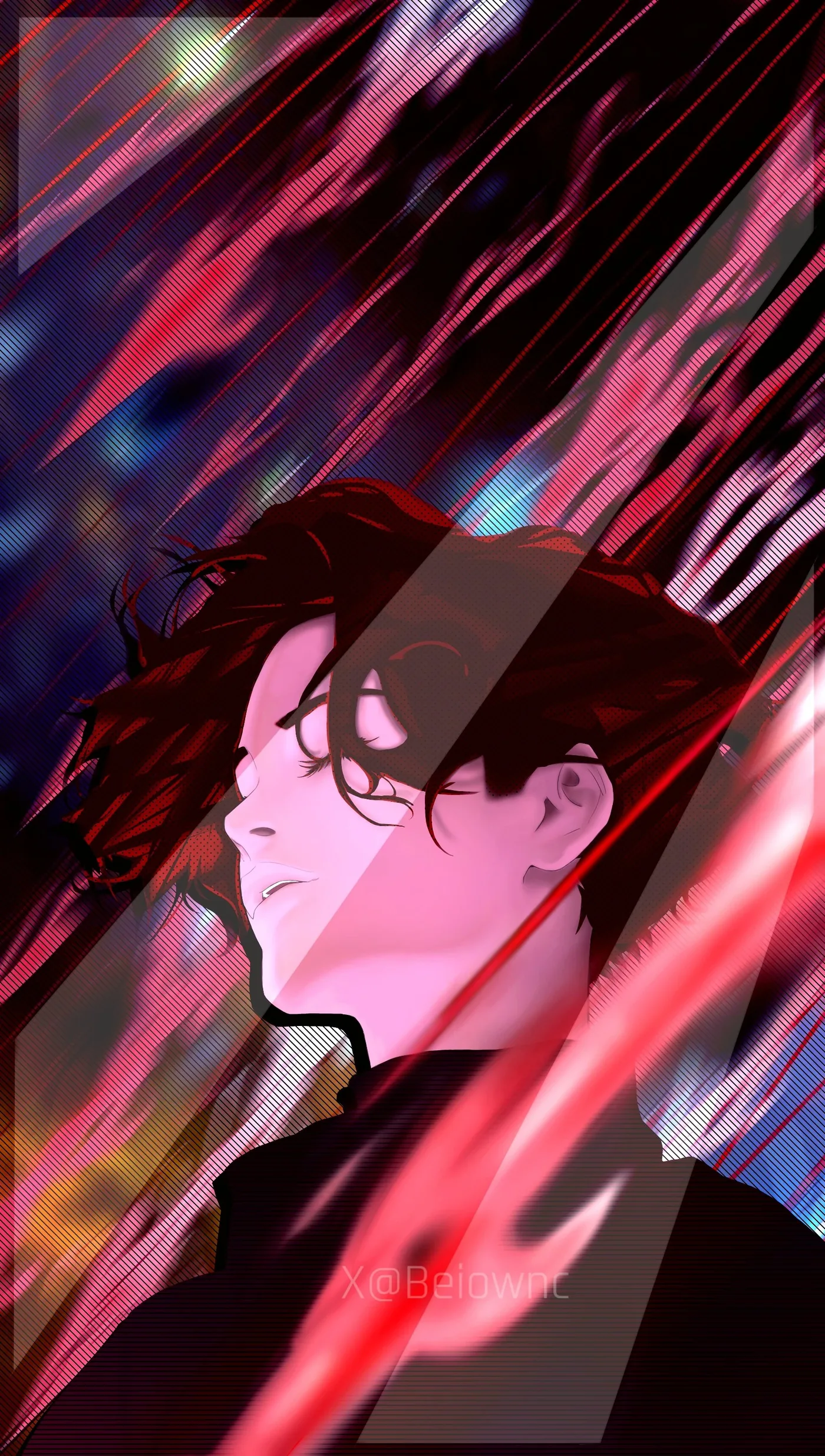 Digital illustration — a profile portrait lit with red motion-blur streaks