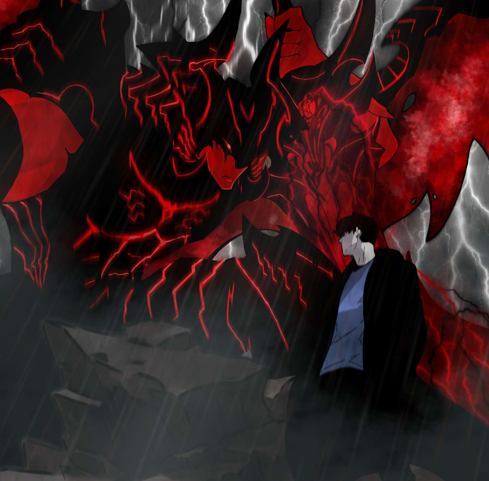 Digital illustration — a figure facing a towering red and black creature in a storm